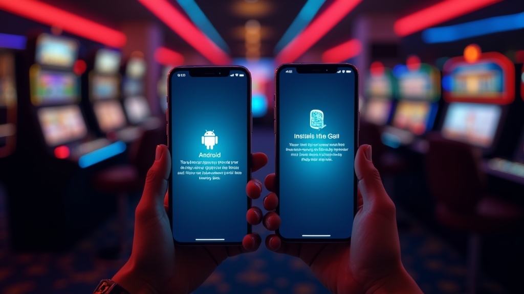Smartphone showing Android and iPhone install prompts in a casino setting