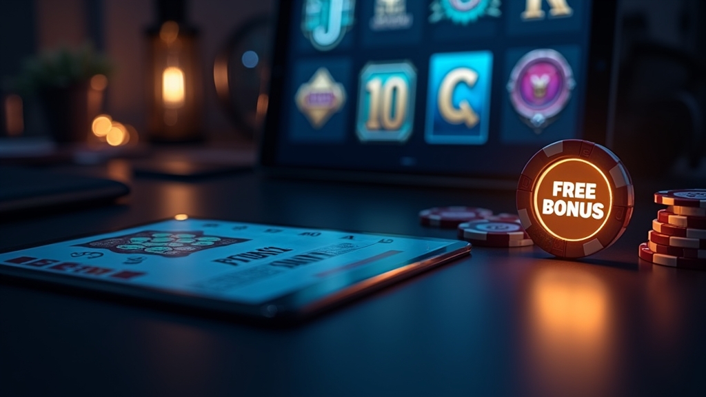 Glowing bonus chip and promo screen in a dark casino setting