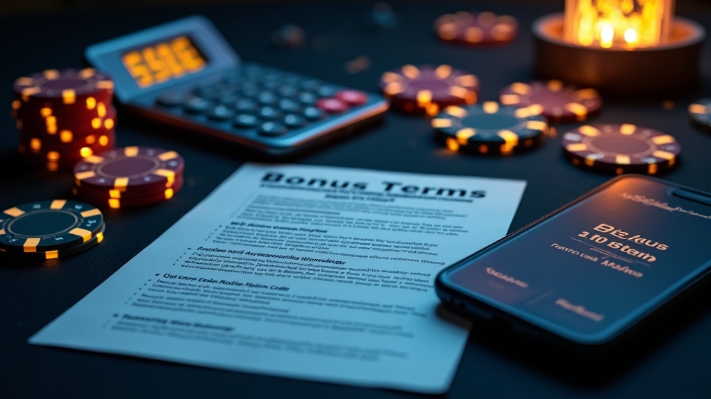 Bonus terms sheet and calculator beside a promo code in a casino scene